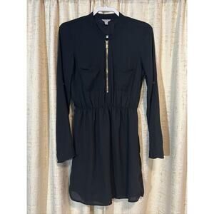 GUESS Black Lined Blousy Type Dress Midi Gold Front‎ Zipper Women's Size Medium!